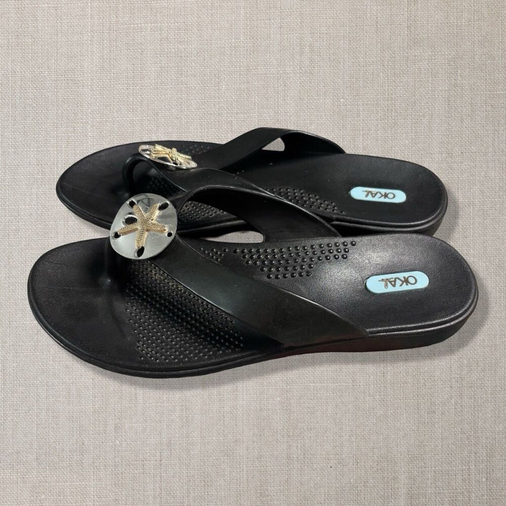 Oka-B Women’s M/L US 8-9 Black Flip Flop Sandals Starfish Beach Waterproof